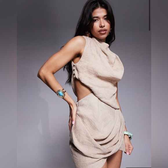ASOS Design Size US 10 Asymmetric Drape Cut-Out Mini Dress Mocha - Picture 1 of 13